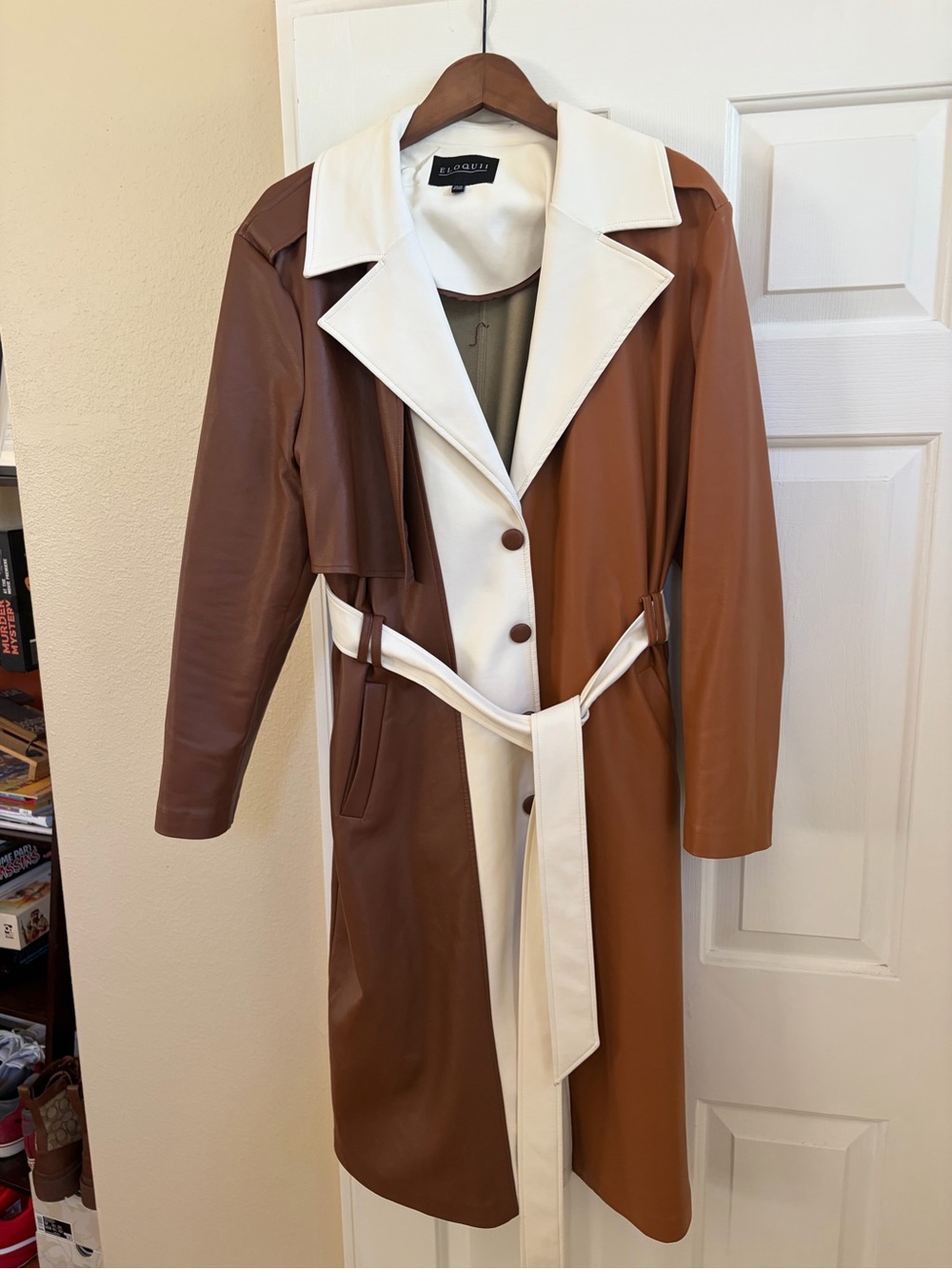 Eloquii Two-Tone Brown and Cream Faux Leather Trench Coat